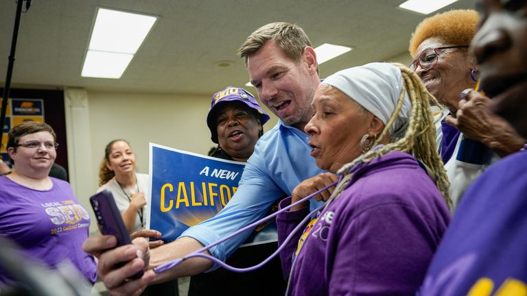Mr Swalwell with supporters earlier this month, before the sexual assault allegations were reported. Pic: AP