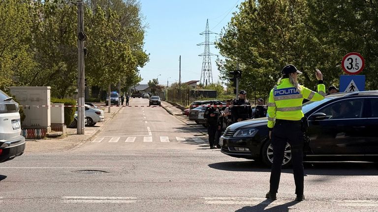 A police cordon in Galati, Romania, where fragments of a Russian drone were recoverd. Pic: Inquam Photos/Reuters