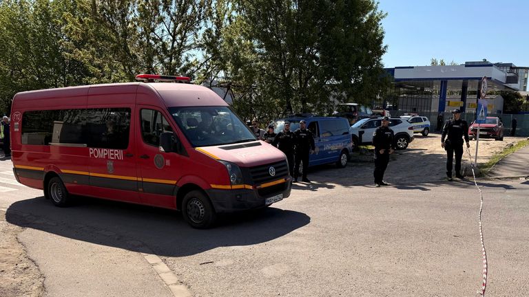 Fire crews in Romania check damage from a suspected Russian drone. Pic: Inquam Photos/Reuters