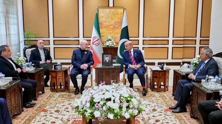 Iranian parliamentary speaker Mohammad Bagher Ghalibaf meets Pakistani Prime Minister Shehbaz Sharif ahead of US talks. Pic: Reuters