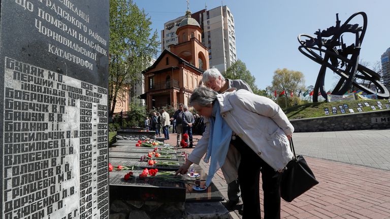 A ceremony in Kyiv on Sunday to remember those who died at Chernobyl. Pic: Reuters