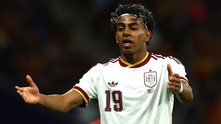 Lamine Yamal playing for Spain on Tuesday evening. Pic: Reuters