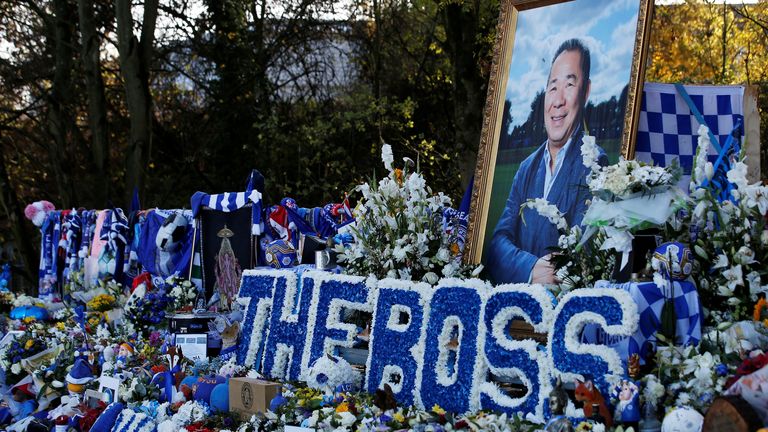 Tributes paid to Vichai Srivaddhanaprabha after his death in 2018. Pic: Reuters
