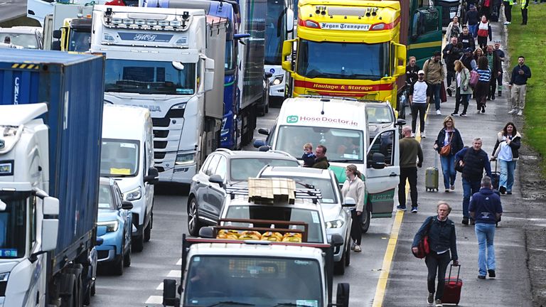 Heavy traffic on the M50 motorway due to the protest. Pics: PA