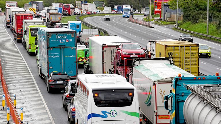 Heavy traffic on the N7 near Dublin on Thursday morning as protests continued. Pic: PA