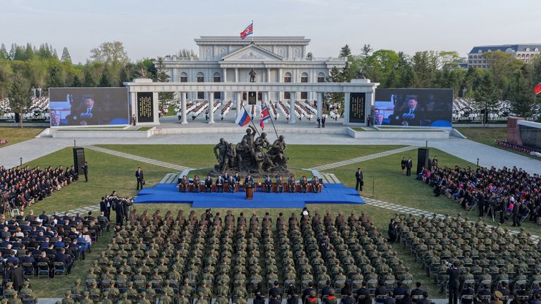 Ranks of attendees listen to Kim Jong Un speak. Pic: KCNA/Reuters