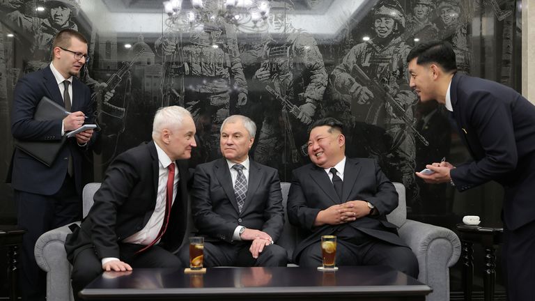 Kim Jong Un meets Russian officials. Pic: KCNA/AP