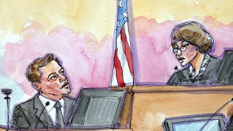 A courtroom sketch of Elon Musk's cross-examination. Pic: Reuters