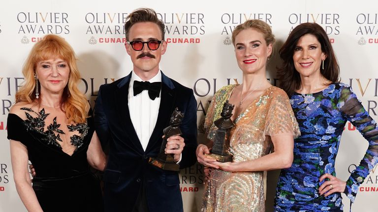 Sonia Friedman, Tom Fletcher, Jessica Swale and Eliza Lumley with their best new musical award for Paddington. Pic:Ian West/ PA