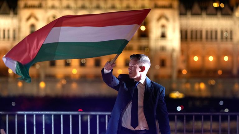 Peter Magyar, leader of the Tisza Party, at an election victory rally in Budapest, Hungary. Pic: AP/ Darko Bandic