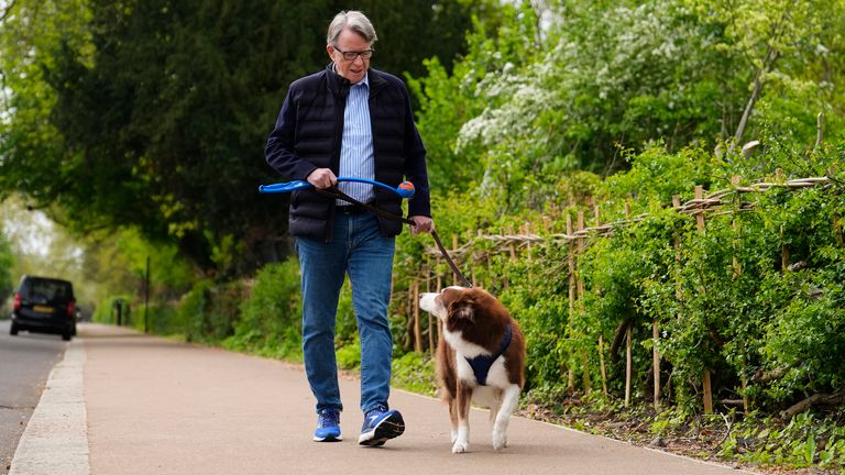 Lord Peter Mandelson photograhed outside his home in London on Friday. Pic: PA