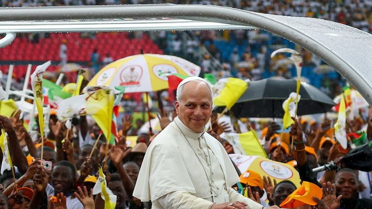 Pope Leo arrives at a stadium, in Bata, Equatorial Guinea. Pic: Reuters