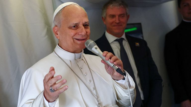 The pontiff speaking to reporters on board a plane to Cameroon. Pic: Reuters
