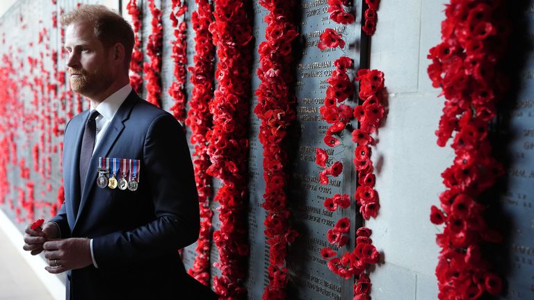 Prince Harry at the Afghanistan section of the Wall of Remembrance. Pic: PA