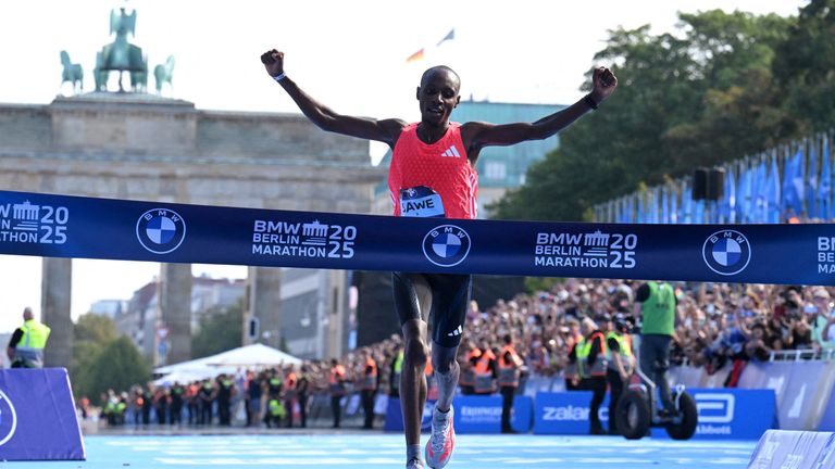 Sawe as he crossed the finish line to win the Berlin Marathon in 2025. Pic: Reuters