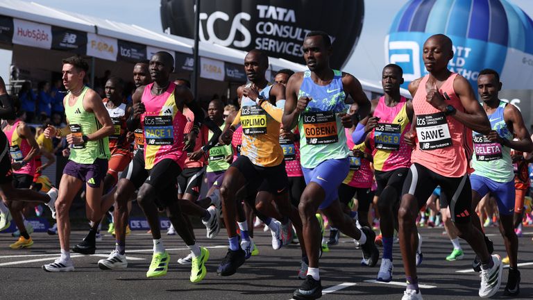 Ethiopia's Addisu Gobena and Kenya's Sabastian Sawe at the start of the men's elite race. Pic: Reuters