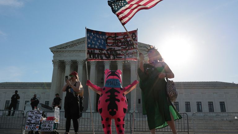 Protestors gather outside the Supreme Court. Pic: Reuters