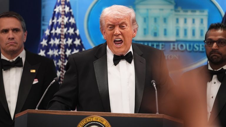 Donald Trump speaks after the shooting. Pic: AP/Alex Brandon