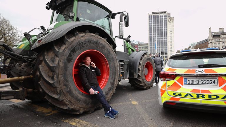 A tractor blocks Dublin's O'Connell Street. Pic: PA