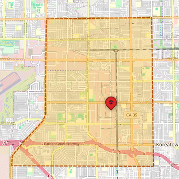 The evacuation area in Orange County as of 4.45am local time (12.45pm UK time). Pic: City of Garden Grove