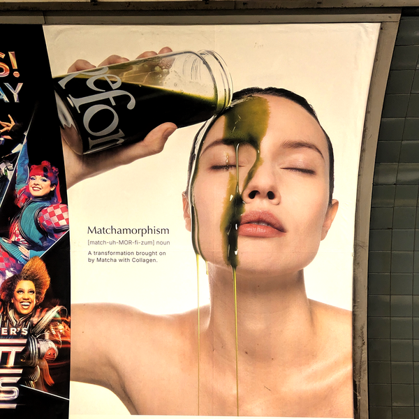 This Reformed ad reads: 'Matchamorphism: A transformation brought on by matcha with collagen'