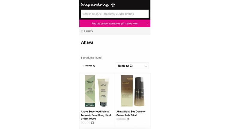 Five Ahava products were on sale on Superdrug's website in February