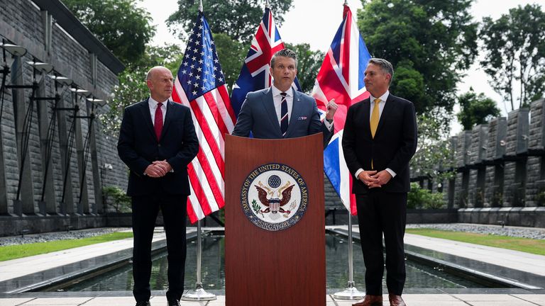 UK Defence Secretary John Healey, US defence secretary Peter Hegseth and Australian defence minister Richard Marles (left to right). Pic: AP