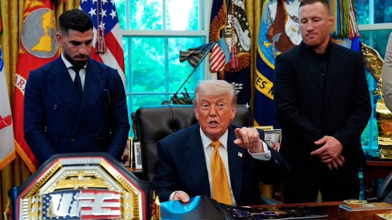 Trump meets UFC fighters  Ilia Topuria (left) and Justin Gaethje (right) in the Oval Office. Pic: AP Photo/Jacquelyn Martin