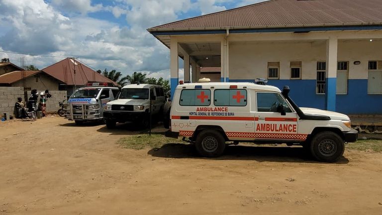 Ambulances are parked outside a hospital in Bunia, Democratic Republic of Congo. Pic: AP