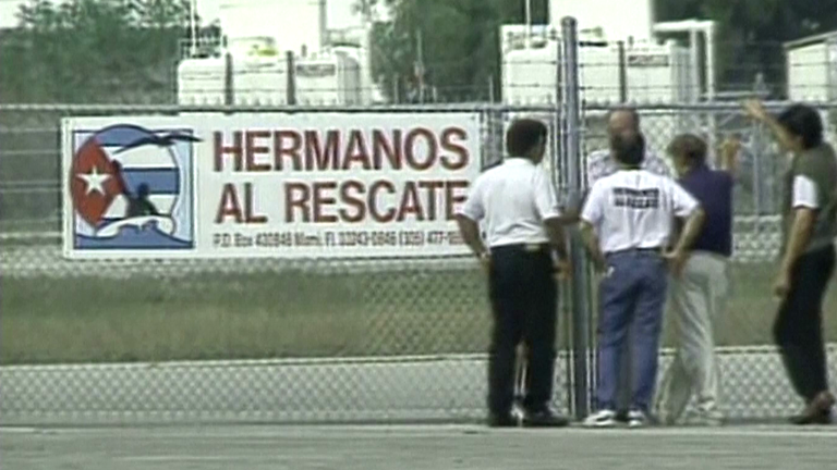 A sign for 'Hermanos al Rescate', or Brothers to the Rescue, at Miami-Opa Locka Executive Airport in 1997. Pic: AP