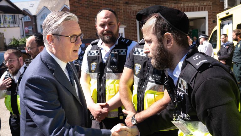 Sir Keir Starmer meets first responders after the attack in Golders Green. Pic: PA