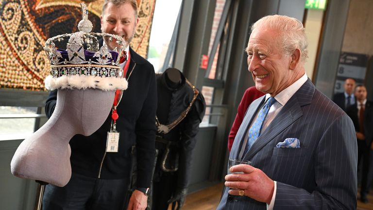 King Charles views a replica crown at the Royal Shakespeare Theatre. Pic: PA