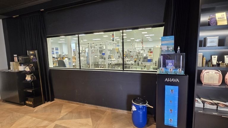 Blue container in Ahava's Ein Gedi visitor centre in Israel. Pic: AFSC
