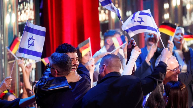 Bettam celebrates after qualifying for the Eurovision final. Pic: Reuters