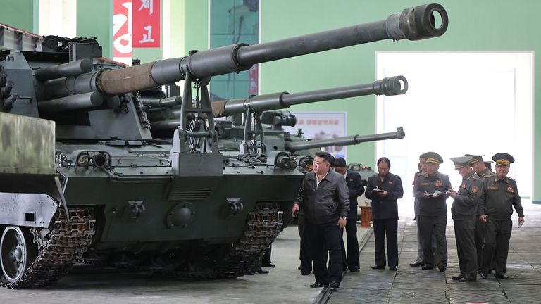 Kim also visited a munitions factory on Wednesday. Pic: KCNA via AP