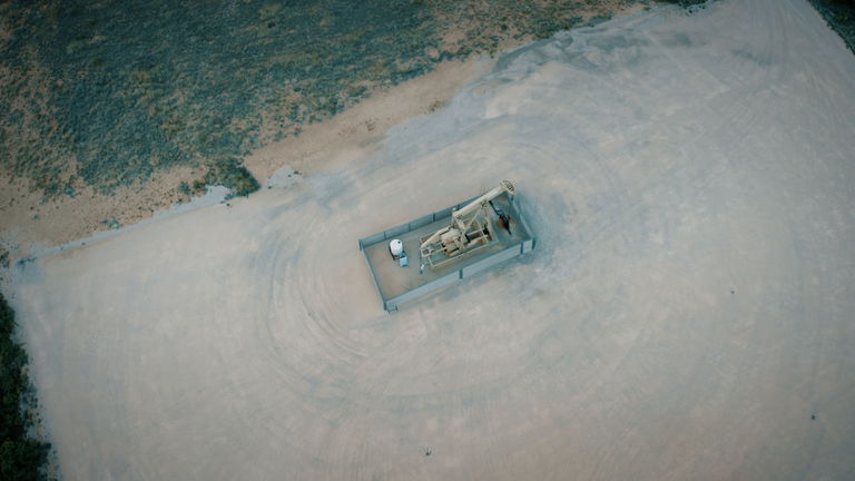 Drone imagery of an oil pump jack in the Permian Basin