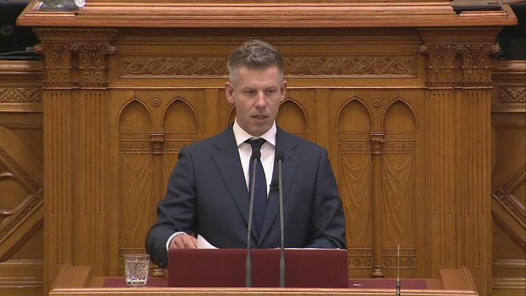 Peter Magyar addresses the Hungarian parliament. Pic: AP