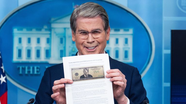 Treasury Secretary Scott Bessent holds a printout of the proposed 250th US anniversary bill. Pic: AP