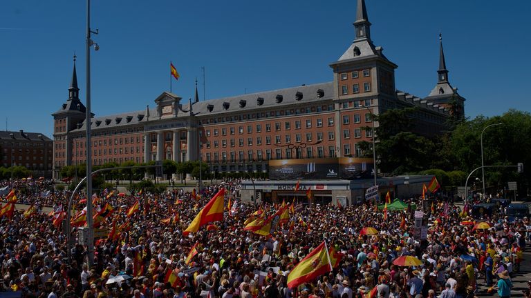 Demonstrators protested against Prime Minister Sanchez in Madrid on Saturday: Pic: AP