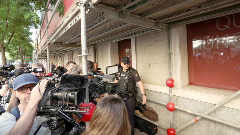 The media outside the police cordon in Madrid. Pic: Reuters/Violeta Santos Moura