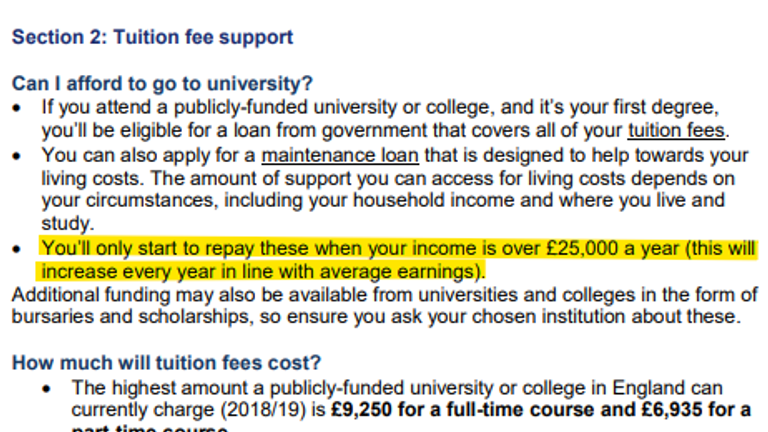 Screenshot from a Department for Education document explaining to young people looking to start university in 2018 how the student loan system worked.