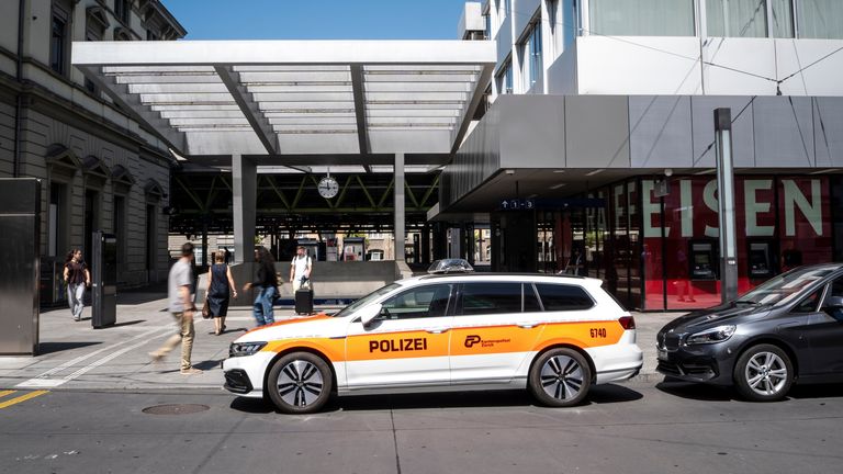 Police at the scene in Winterthur station. Pic: Keystone via AP