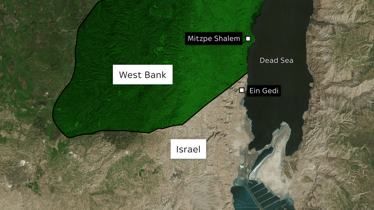Map of the West Bank and Israel with Ein Gedi and Mitzpe Shalem 