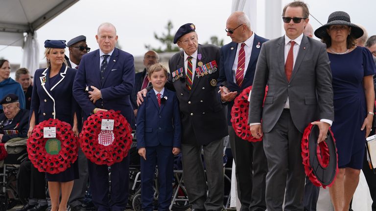 D-Day veteran Ken Hay prepares to lay a wreath at the British Normandy Memorial in Ver-sur-Mer, France. Pic: PA