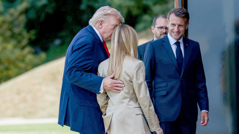 Donald Trump, Giorgia Meloni and Emmanuel Macron during the G7 summit on 16 June. Pic: Reuters