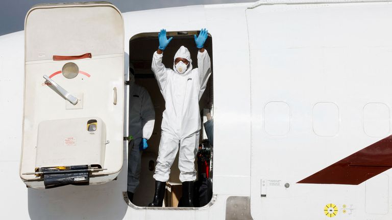 A European Commission Civil Protection and Humanitarian Aid Operations (ECHO) crew member. Pic: Reuters