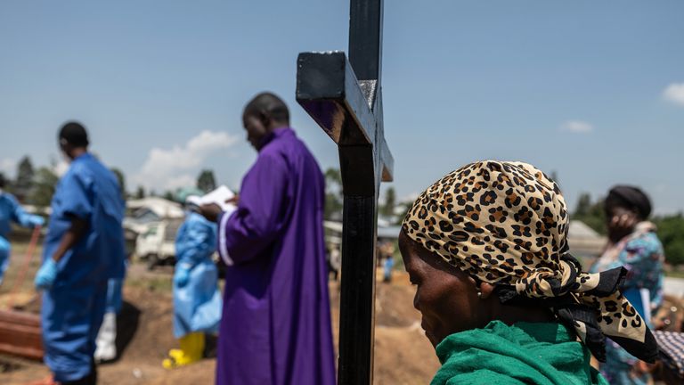Burial ceremony for Vanisa Anifa, a six-month old orphaned girl who died of Ebola, in Bunia, DRC. Pic: AP