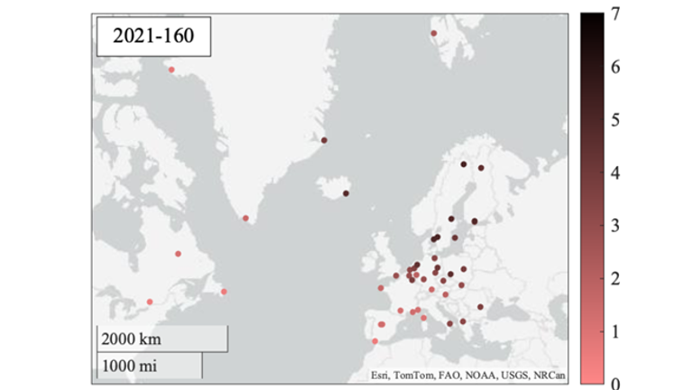 A map showing which stations detected an interference event on a day in 2021