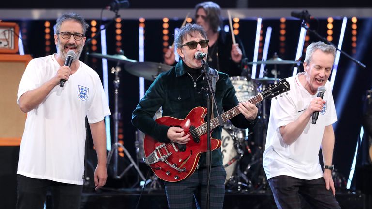 Broudie (centre), Skinner (R) and Baddiel (L) performing in 2018. Pic: PA