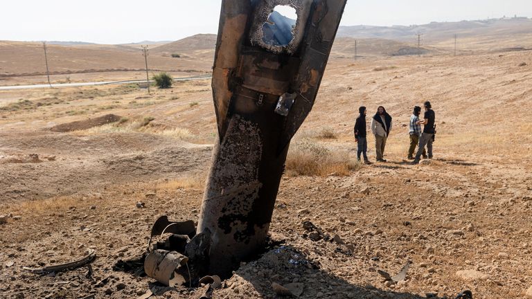 Wreckage of an Iranian missile that landed near Jericho in the West Bank. Pic: AP